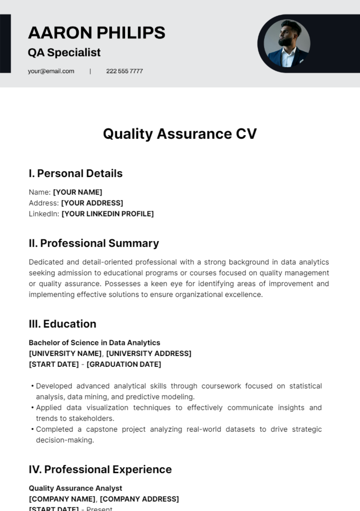 Quality Assurance CV Template - Edit Online & Download