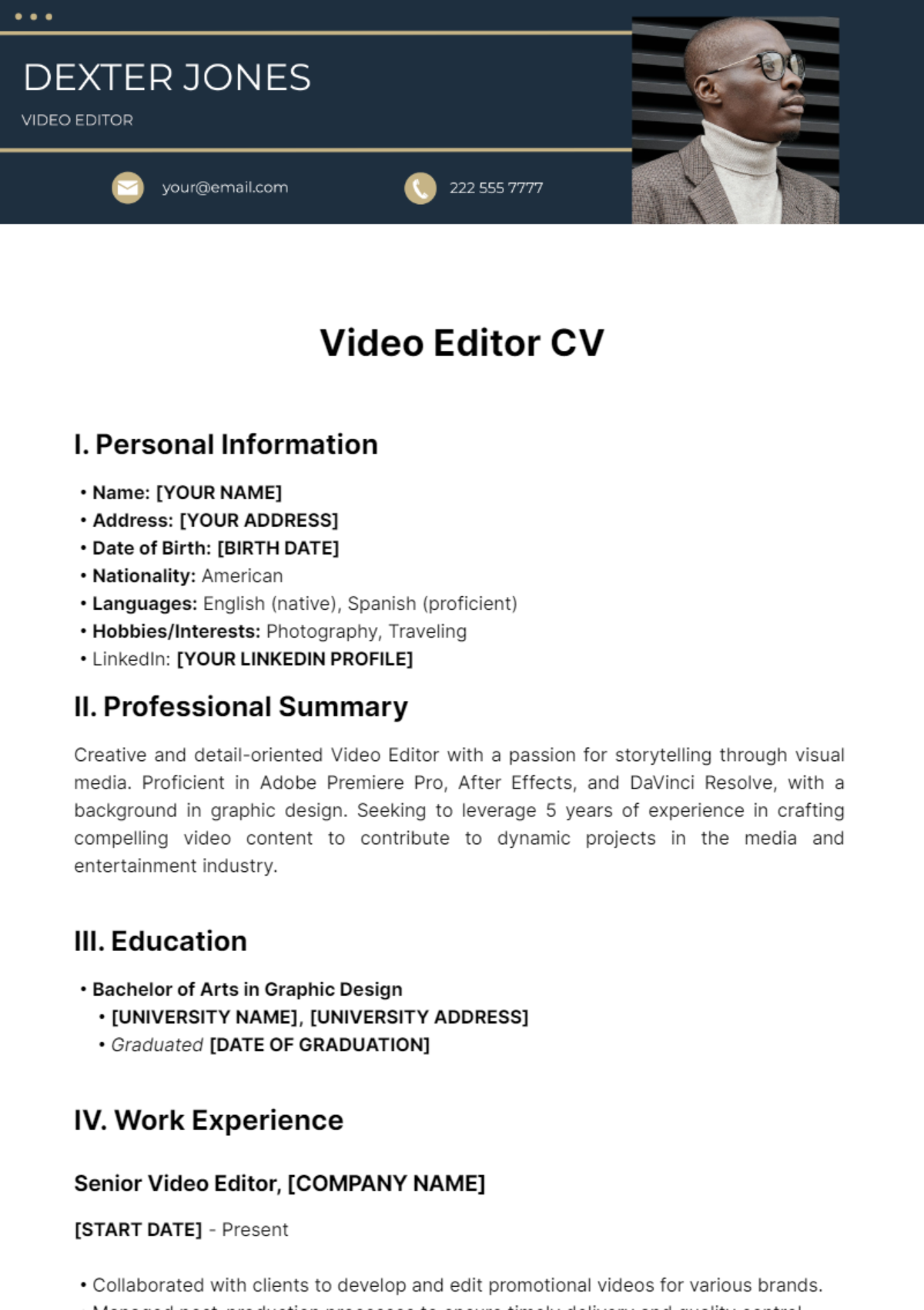 Video Editor CV Template - Edit Online & Download