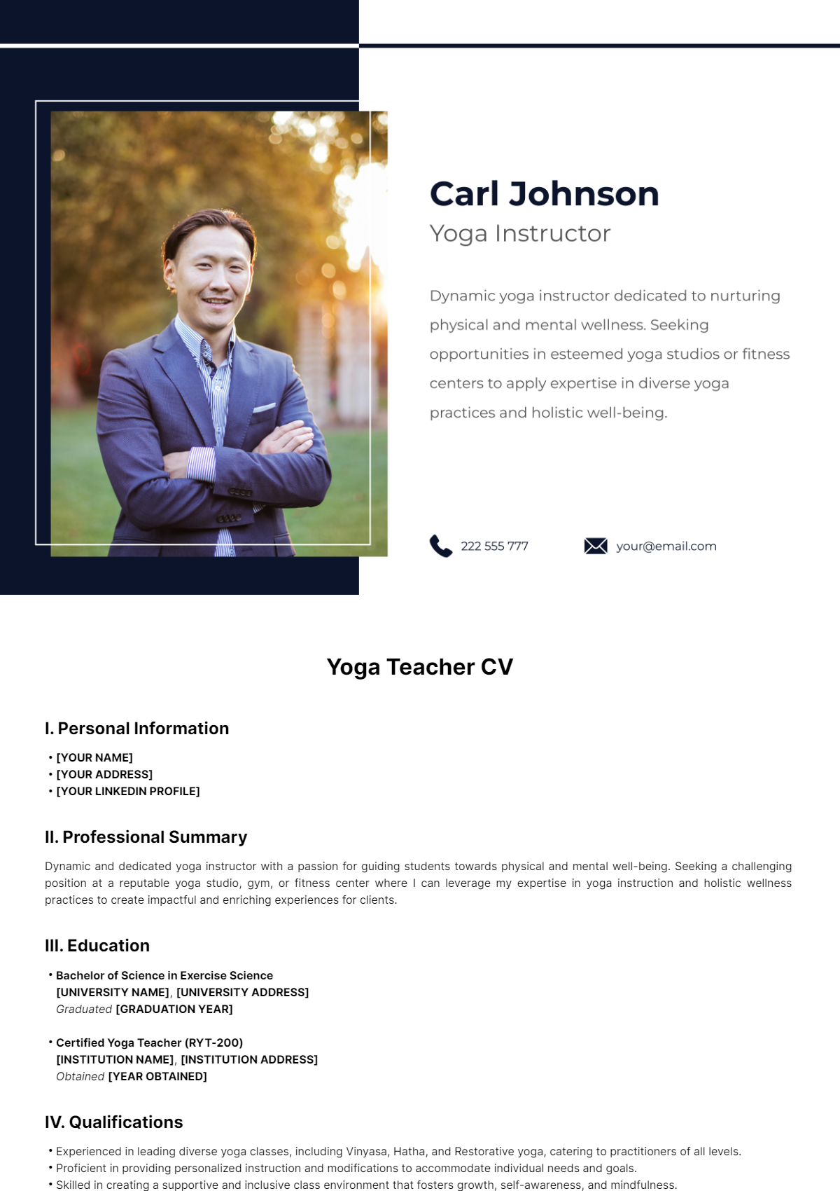 Free Yoga Teacher CV Template - Edit Online & Download | Template.net