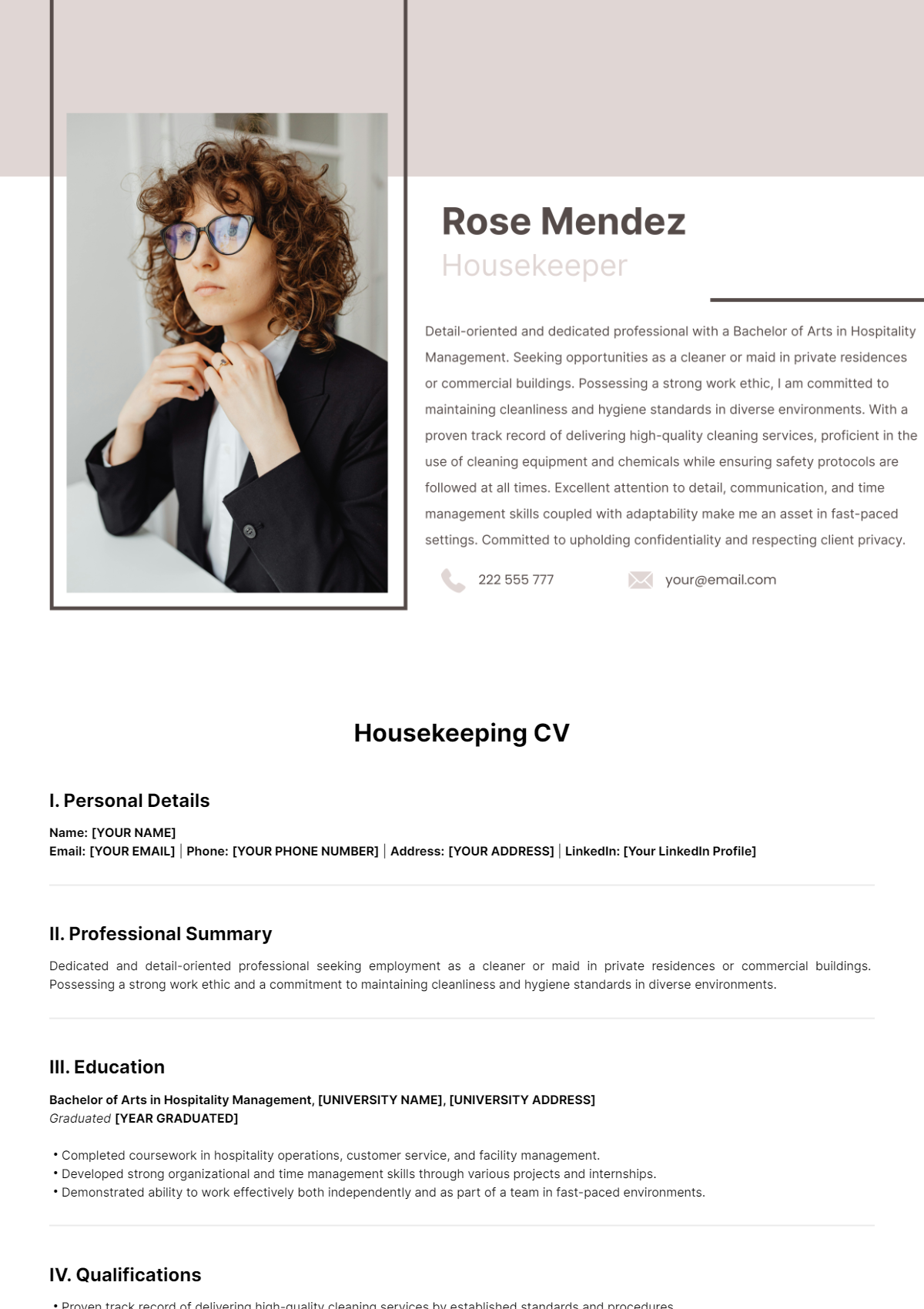 Housekeeping CV Template - Edit Online & Download