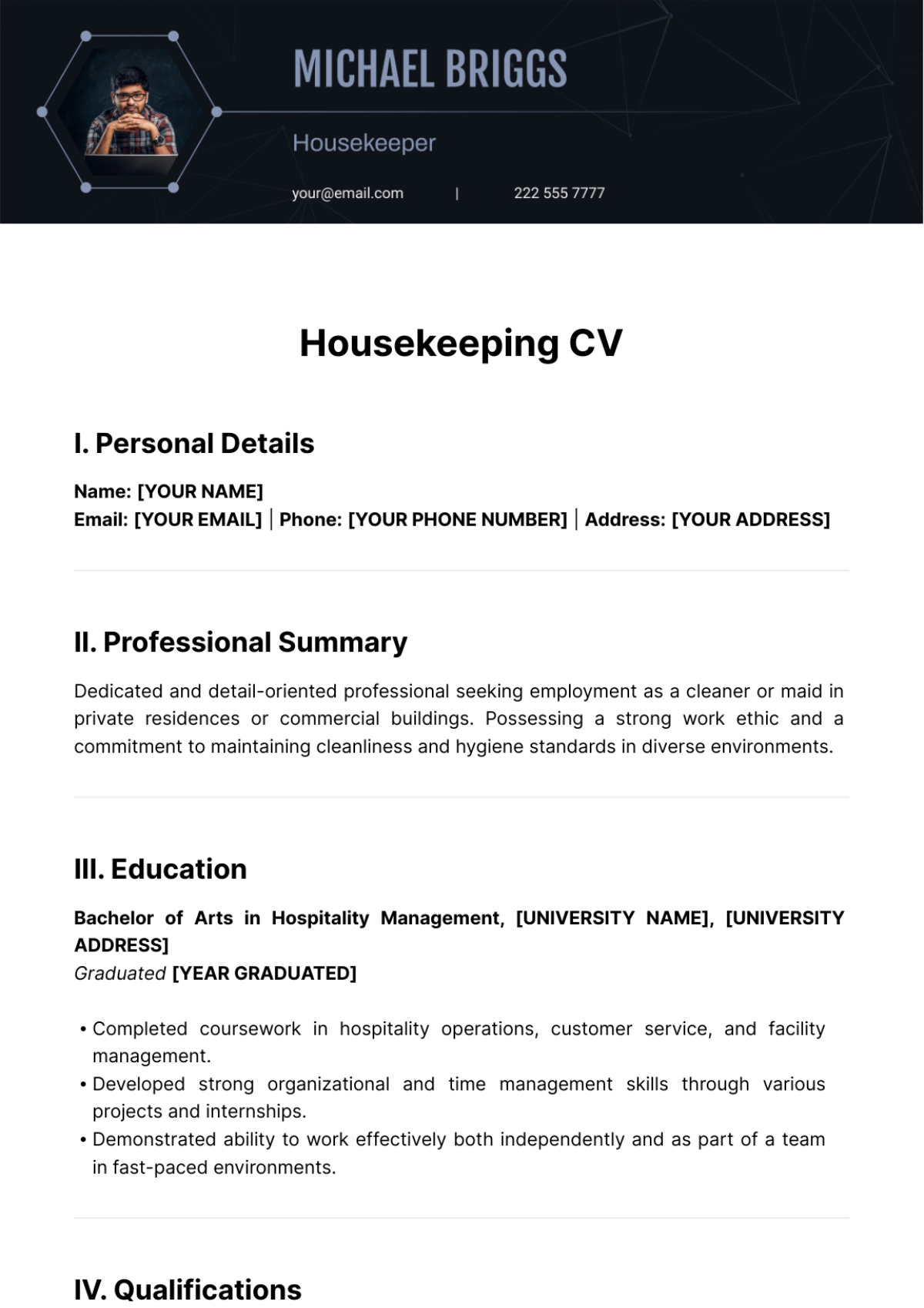Housekeeping CV Template