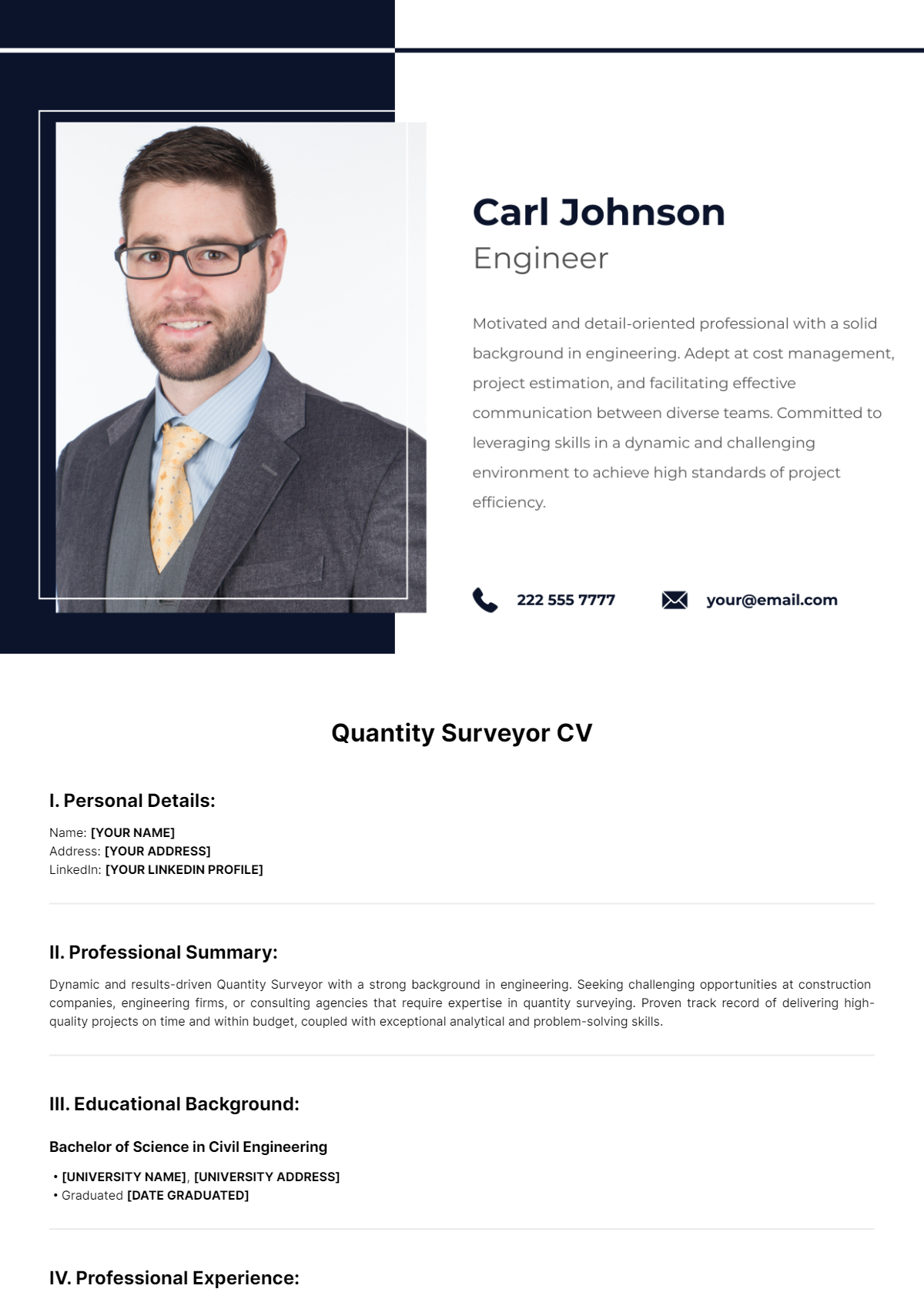 Free Quantity Surveyor CV Template to Edit Online