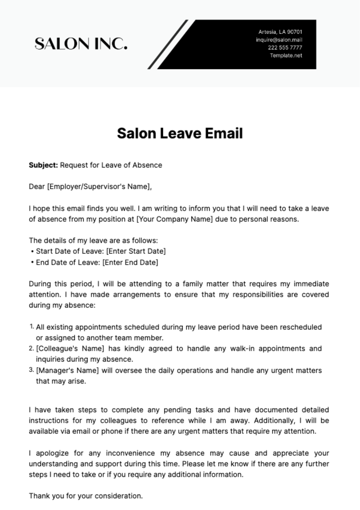 Free Salon Leave Email Template