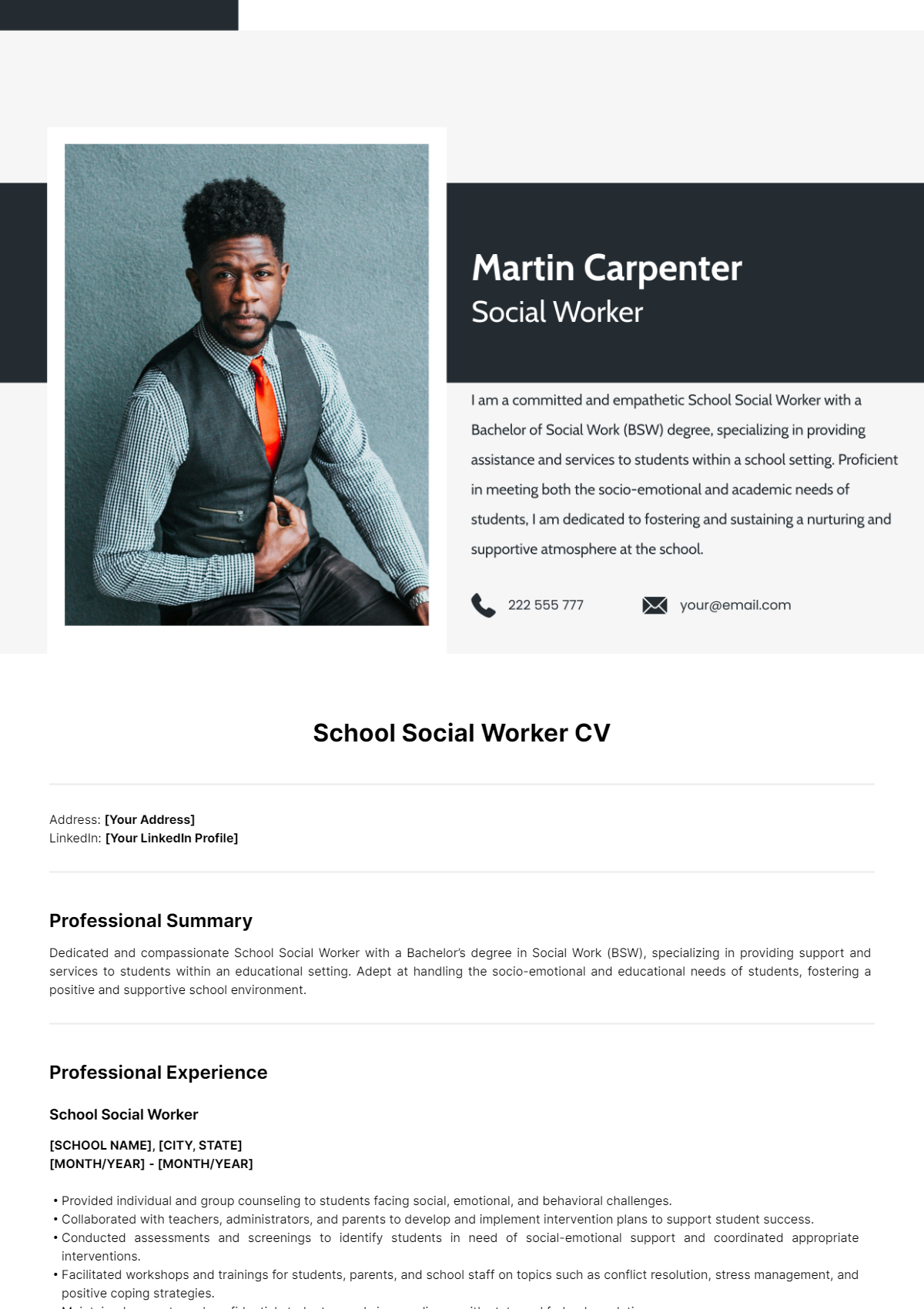 School Social Worker CV Template - Edit Online & Download