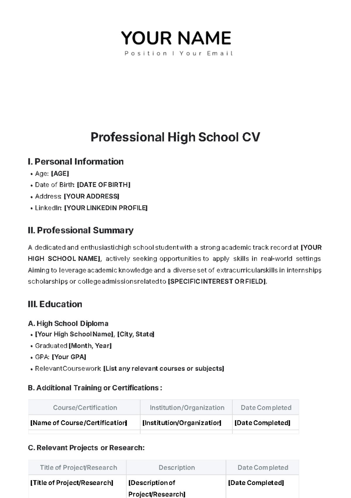 High School CV Template - Edit Online & Download