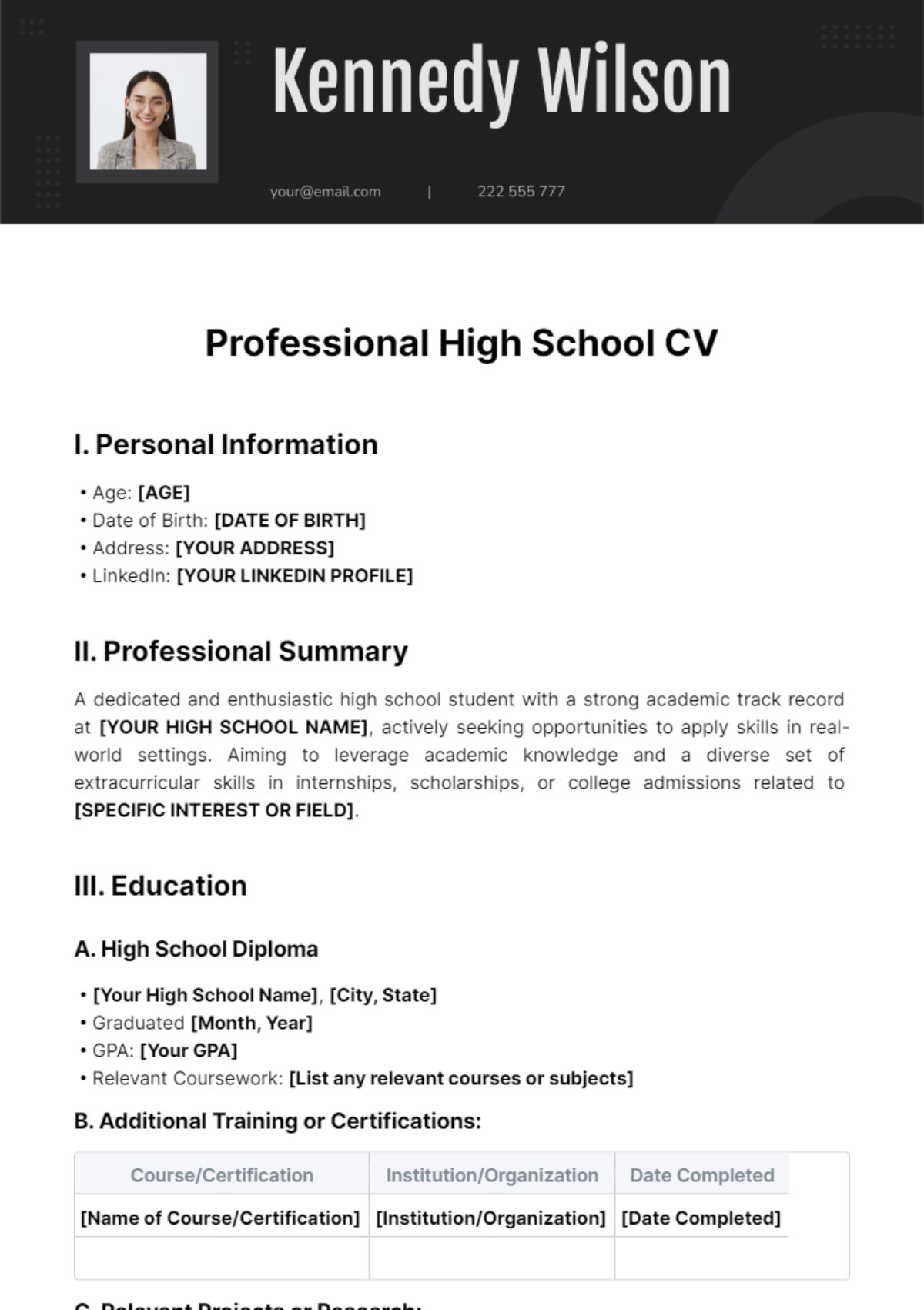 Professional High School CV Template