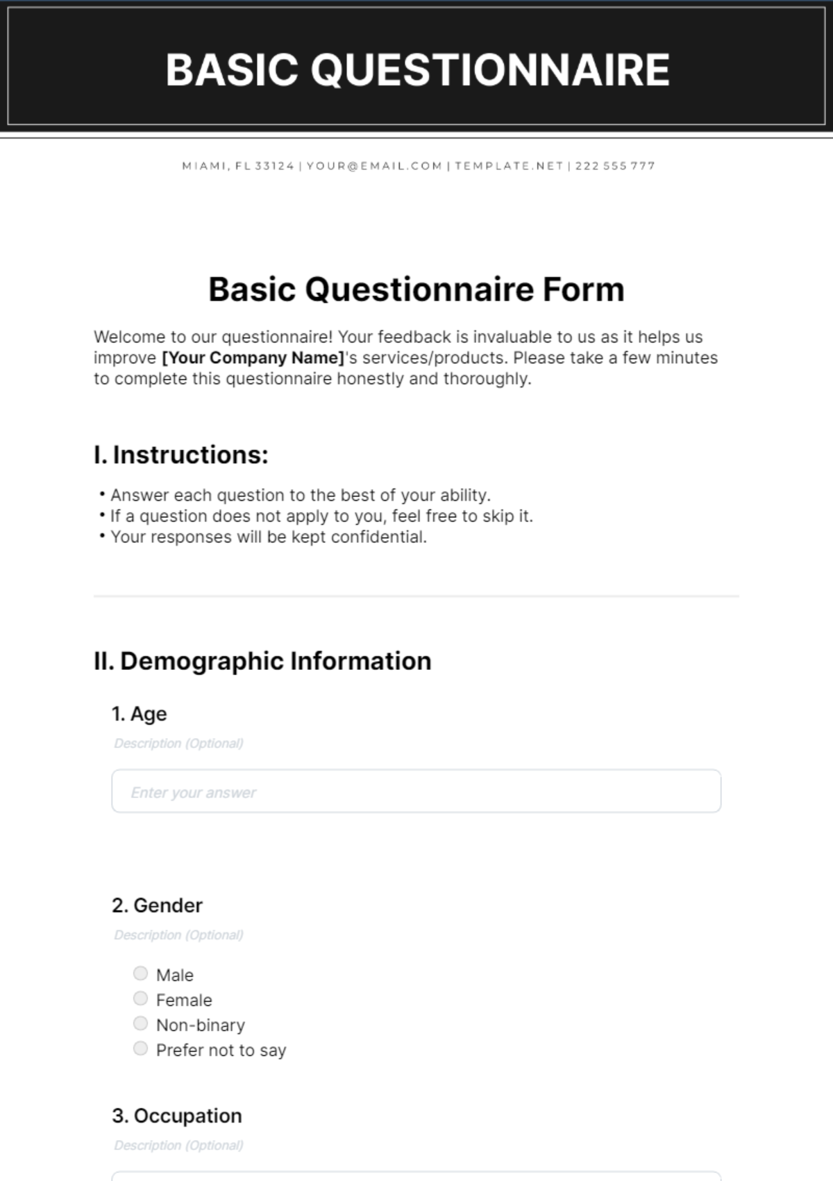 Basic Questionnaire Form Template