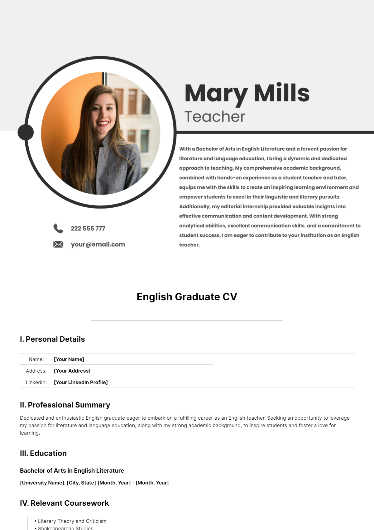 Free English Graduate CV Template