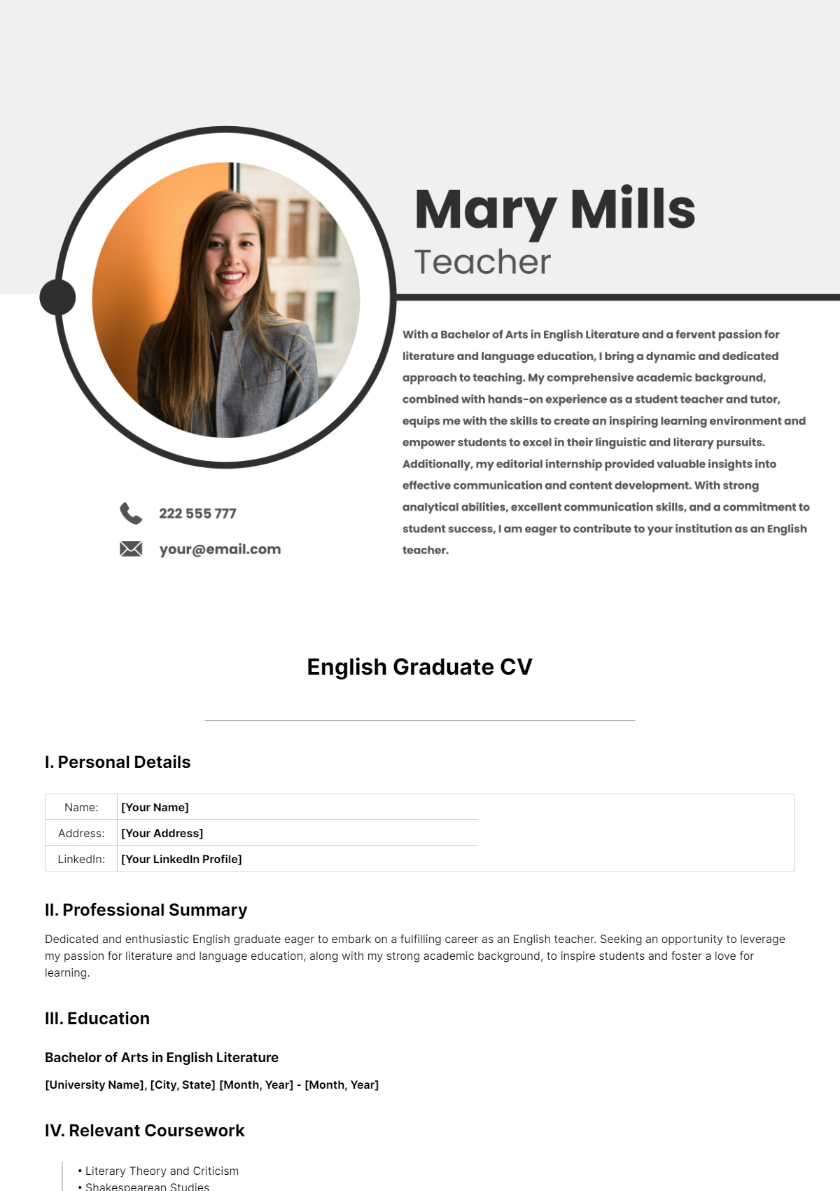 English Graduate CV Template - Edit Online & Download