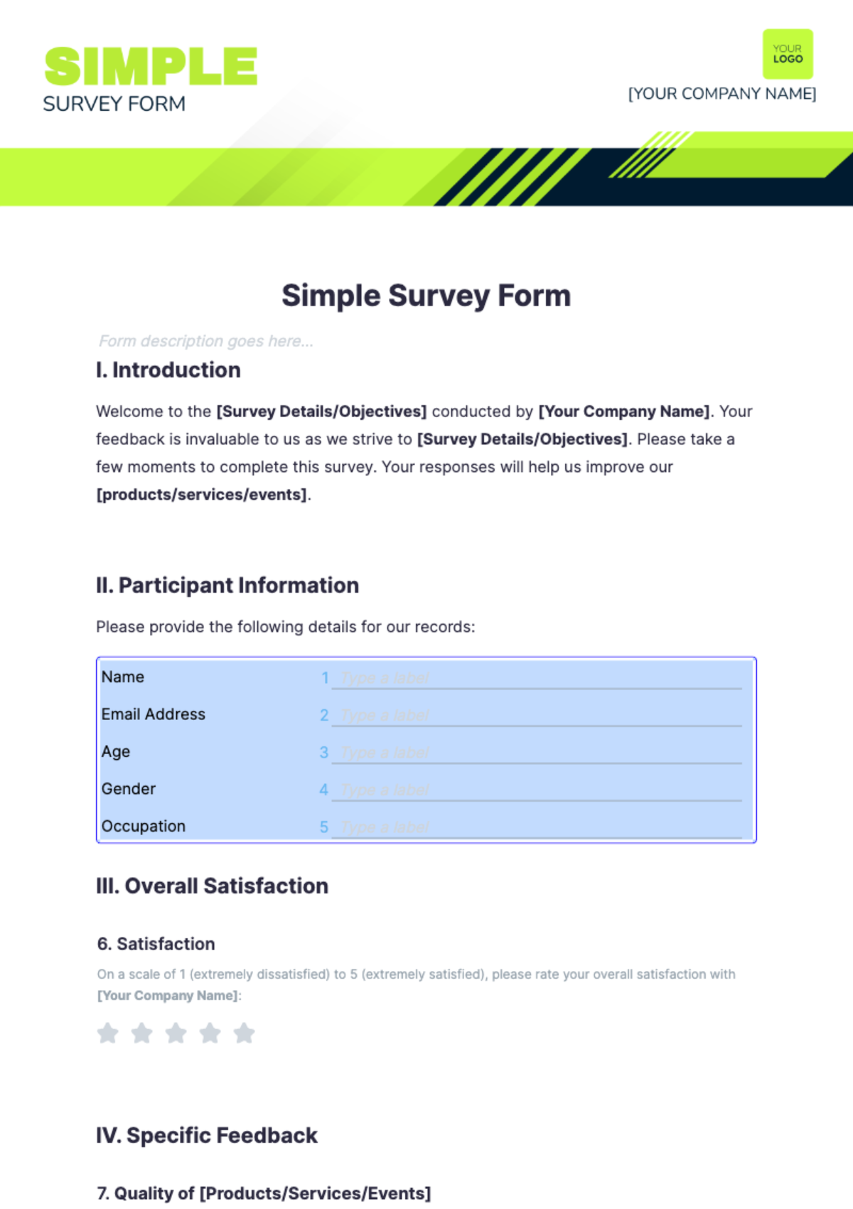 Simple Survey Form Template - Edit Online & Download