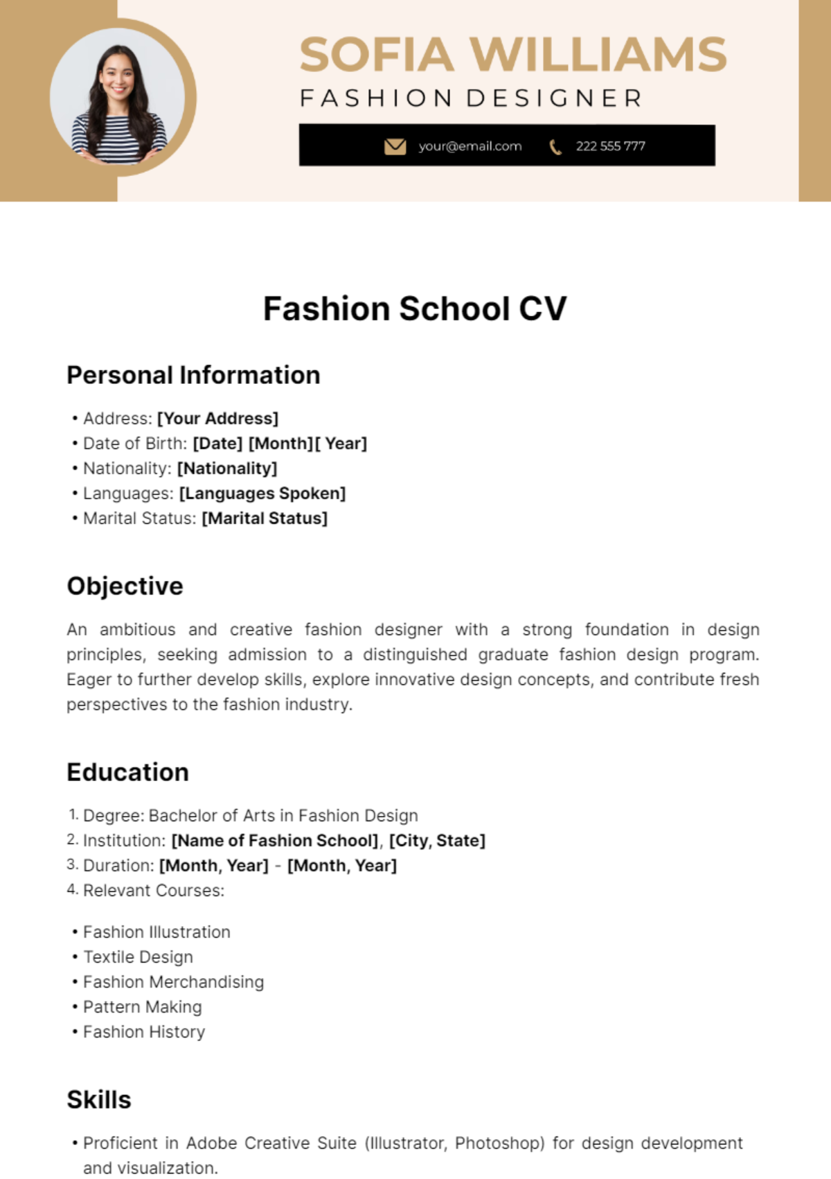 Fashion School CV Template - Edit Online & Download