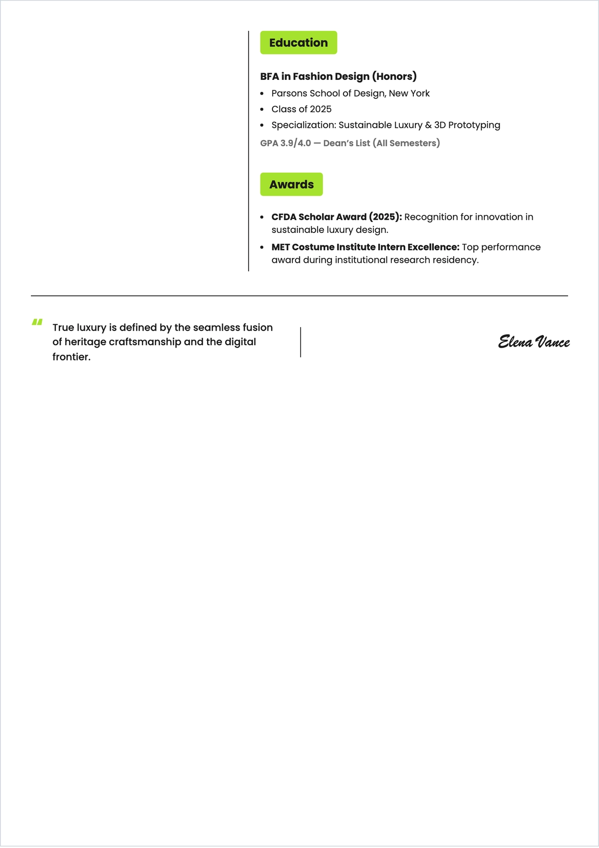 Free Fashion School ATS CV Template, AI CV Builder
