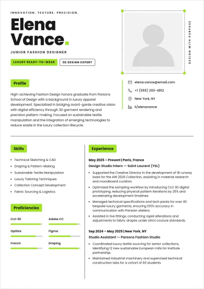 Free Fashion School ATS CV Template, AI CV Builder
