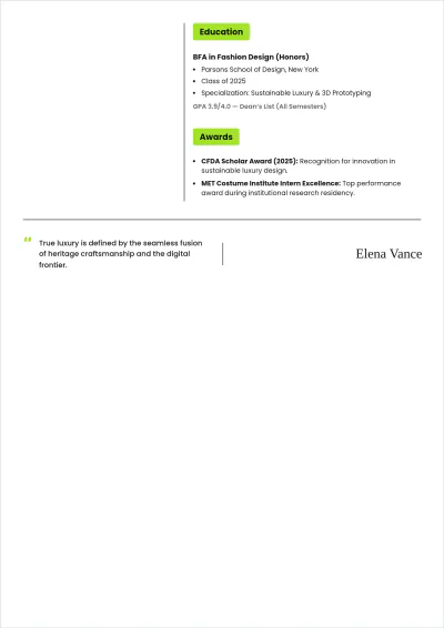 Free Fashion School ATS CV Template, AI CV Builder