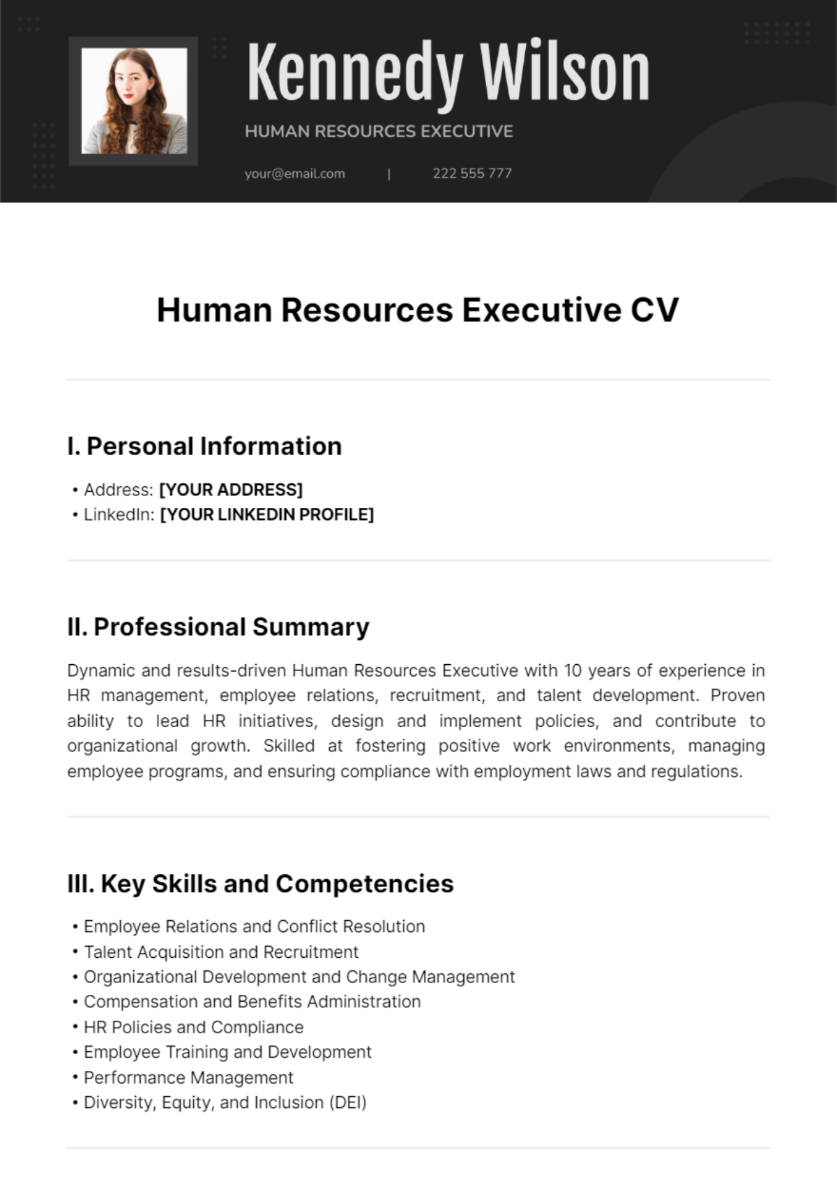 Human Resources Executive CV Template - Edit Online & Download