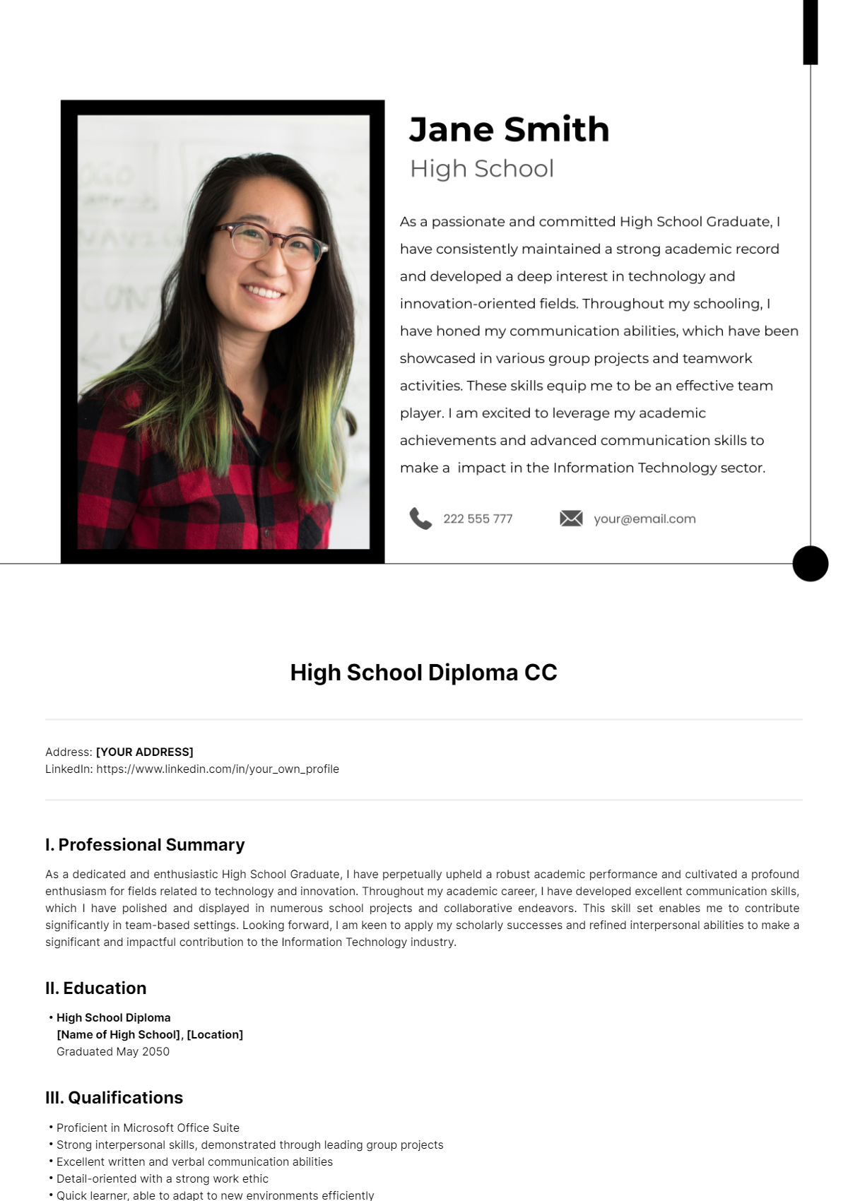 High School Diploma CV Template - Edit Online & Download