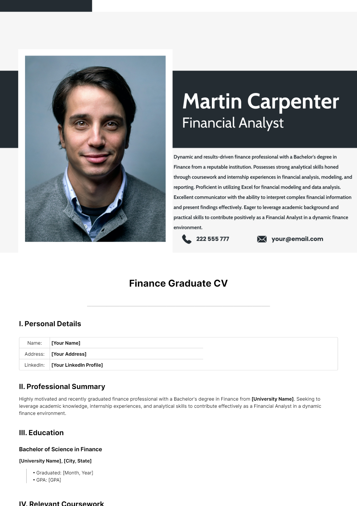 Free Finance Graduate CV Template