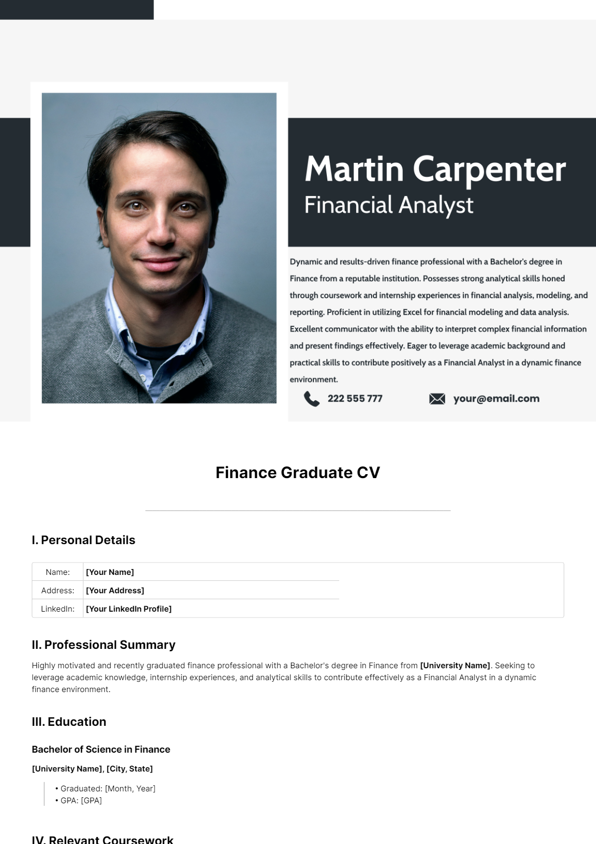 Finance Graduate CV Template - Edit Online & Download