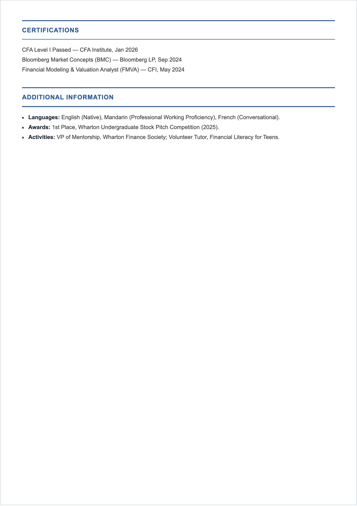 Free Finance Graduate ATS CV Template, AI CV Builder