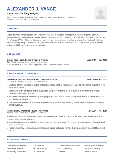 Free Finance Graduate ATS CV Template, AI CV Builder