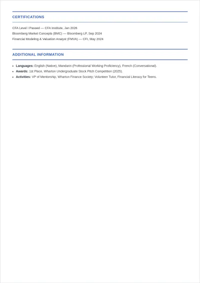 Free Finance Graduate ATS CV Template, AI CV Builder