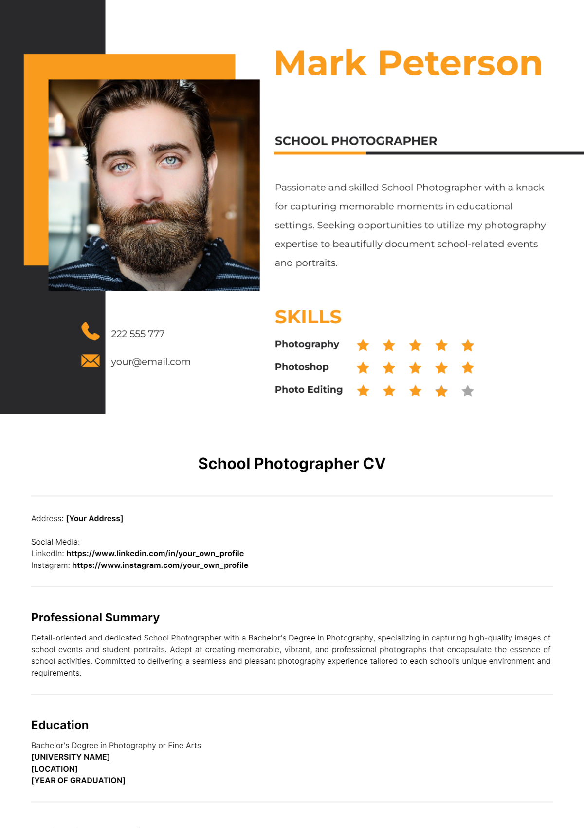 School Photographer CV Template