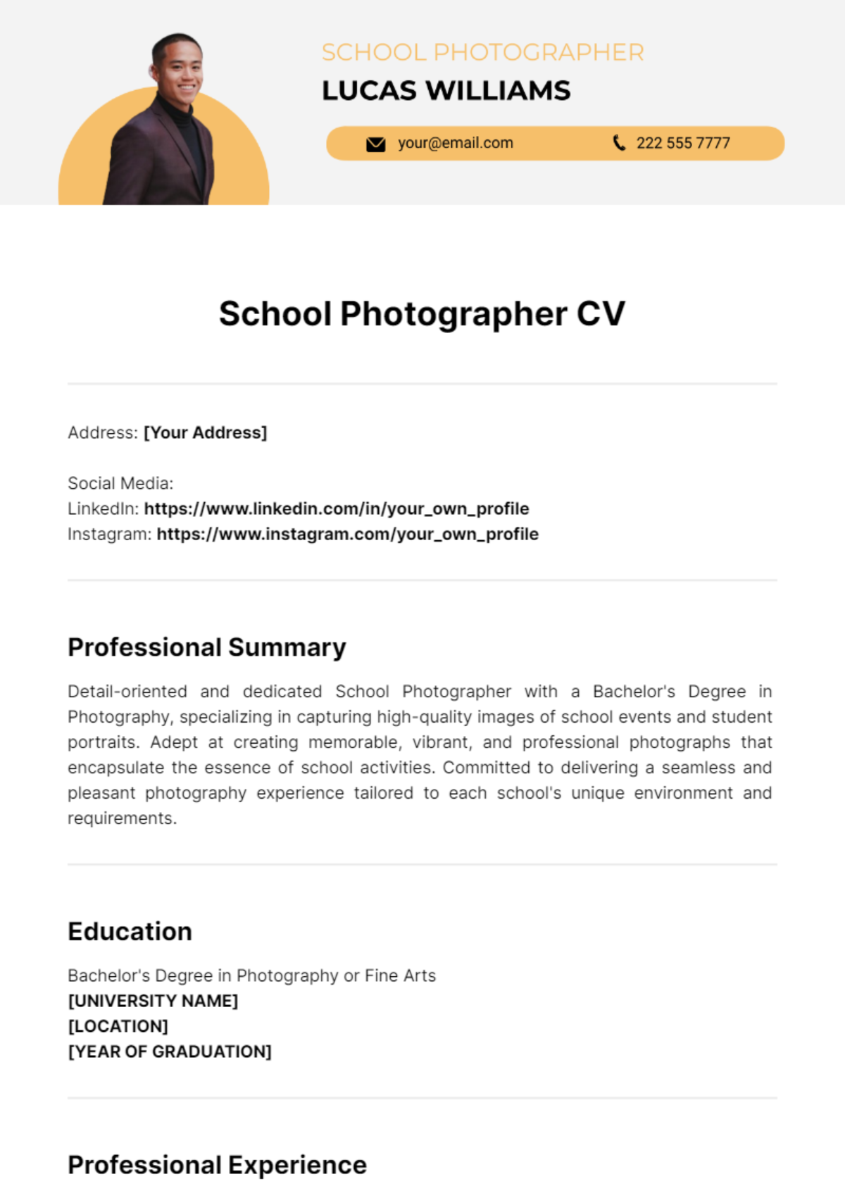 School Photographer CV Template - Edit Online & Download