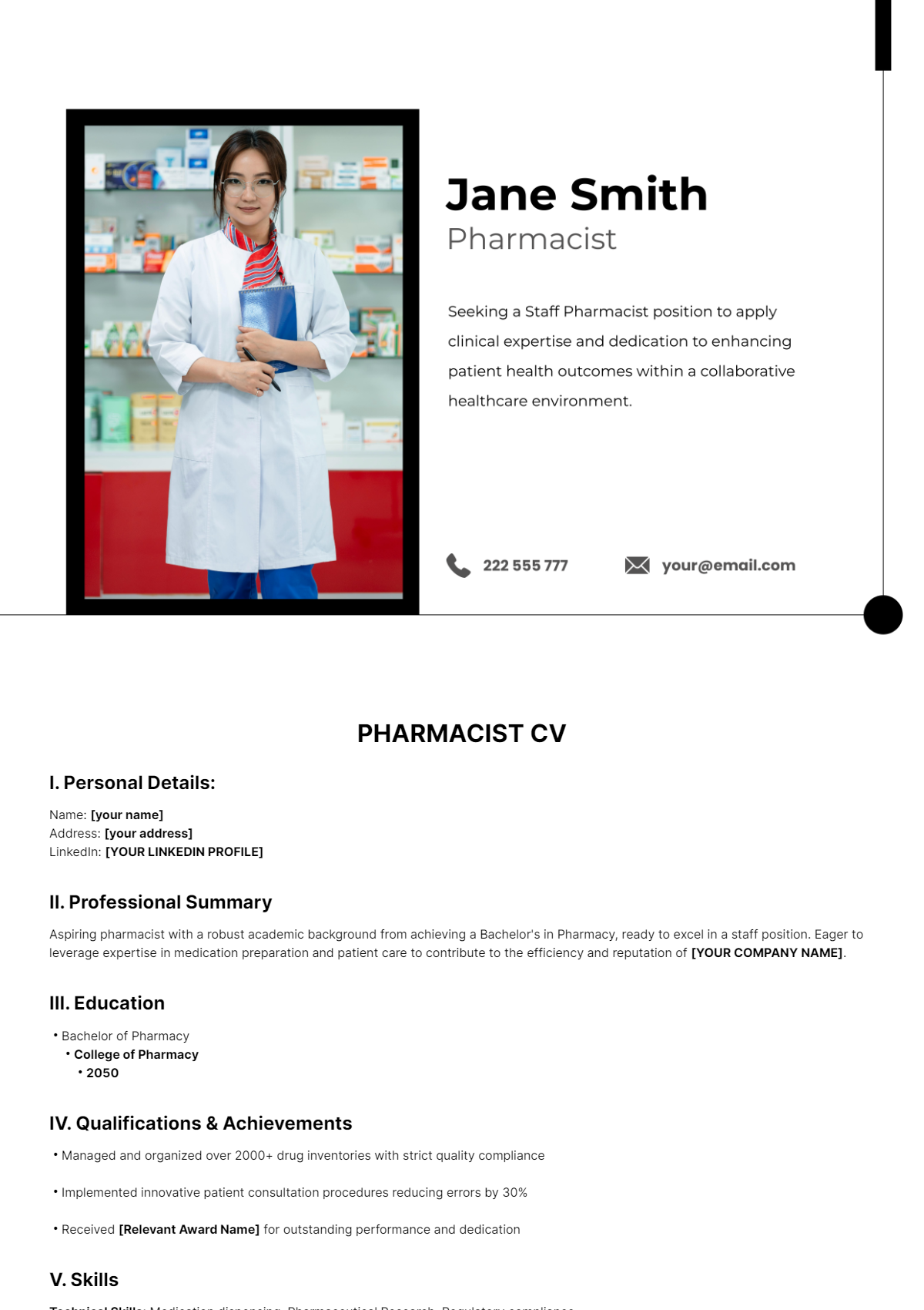 Pharmacist CV Template - Edit Online & Download