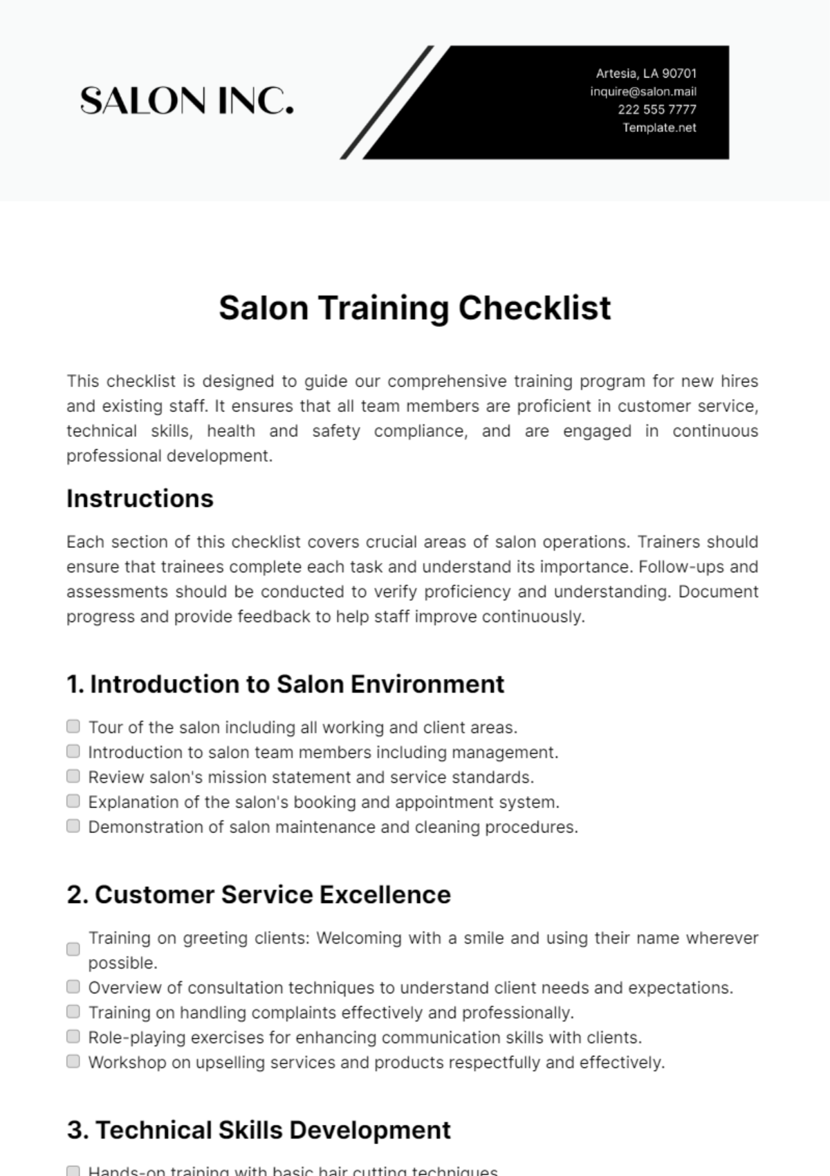 Salon Training Checklist Template