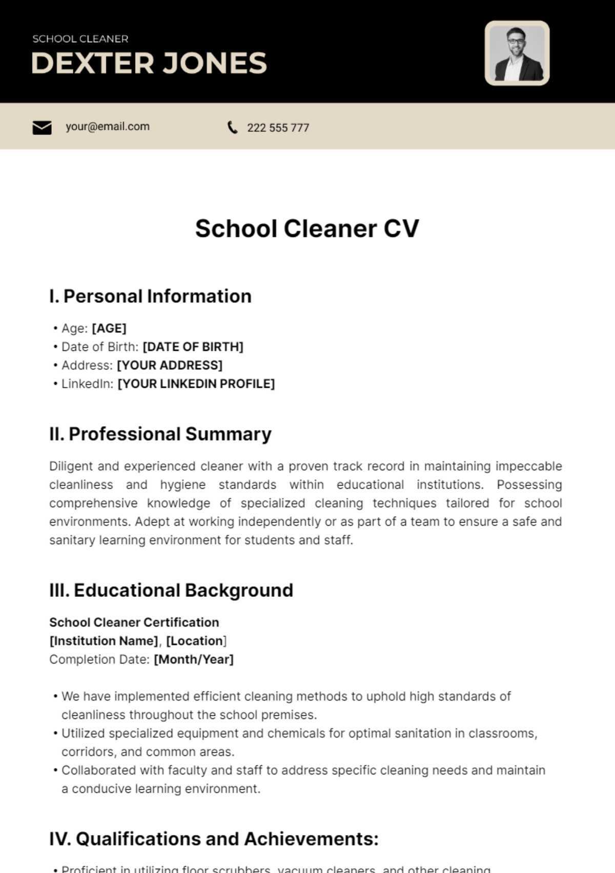 School Cleaner CV Template