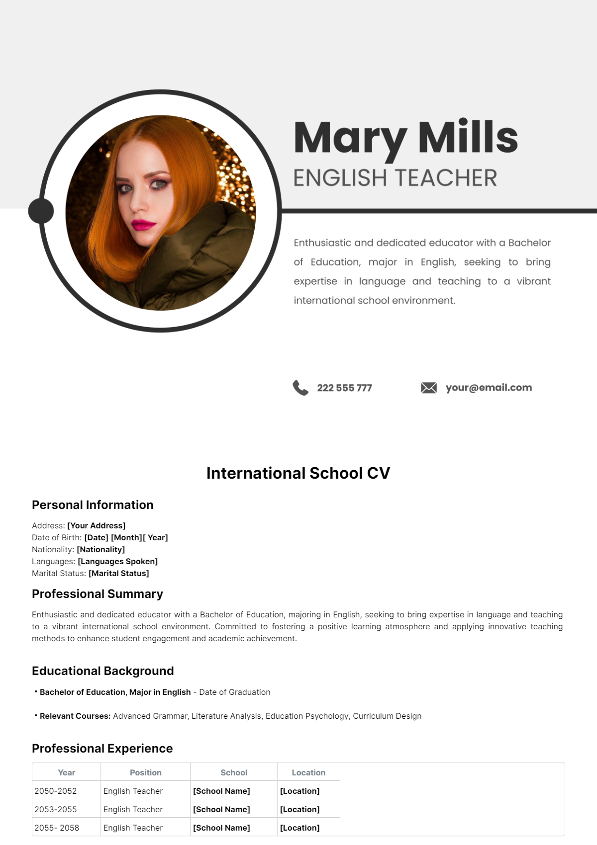 International School CV Template