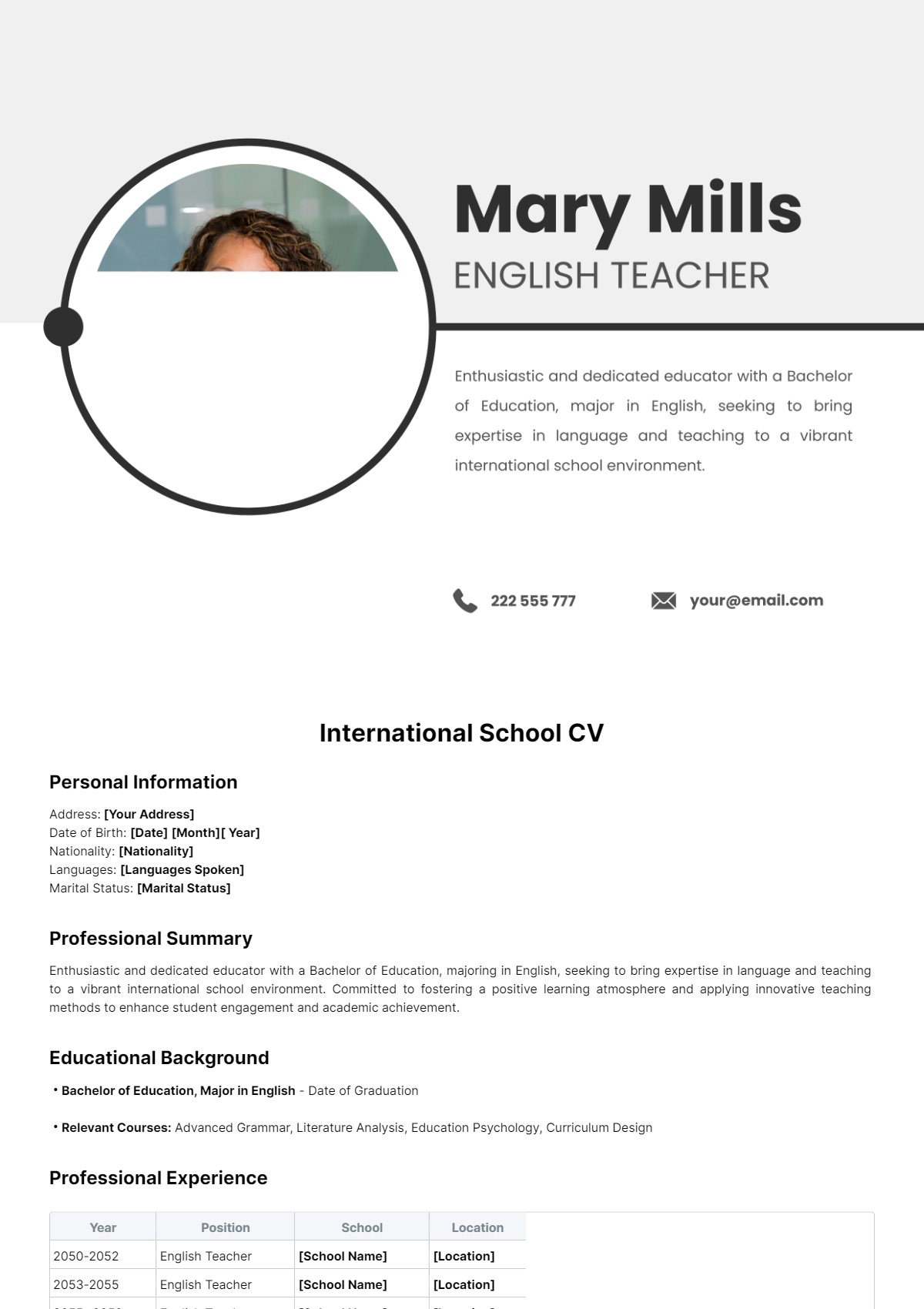International School CV Template