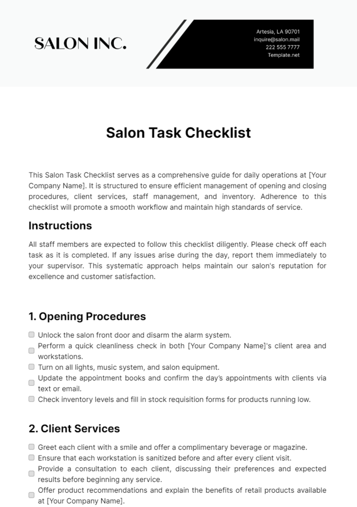 Salon Task Checklist Template