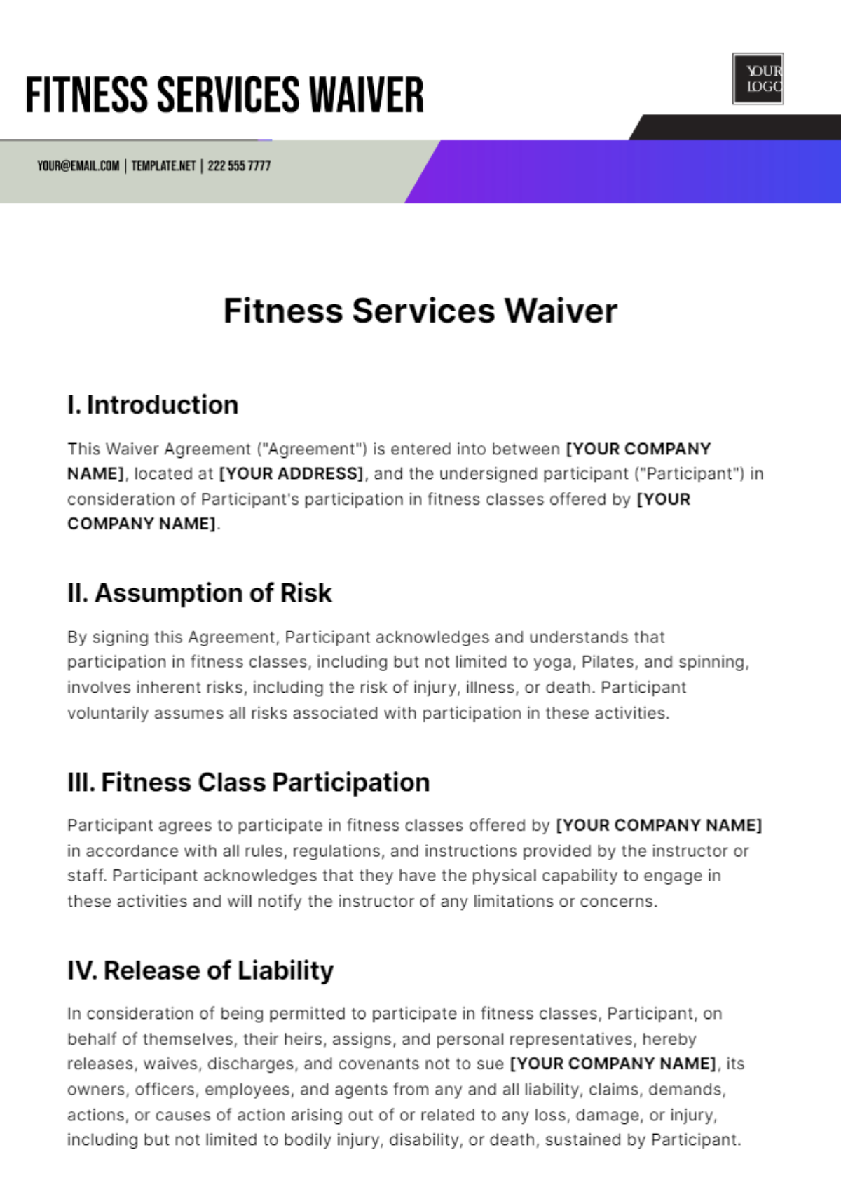 Free Fitness Services Waiver Template
