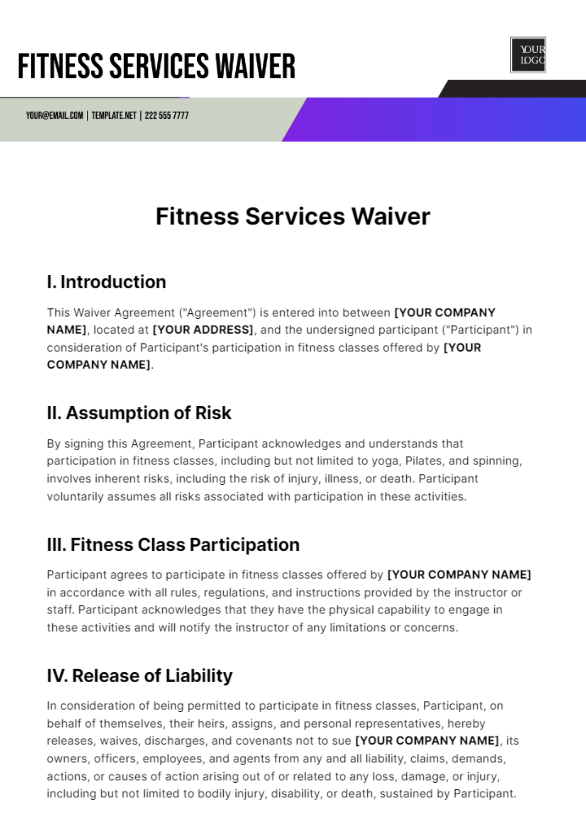 Fitness Services Waiver Template - Edit Online & Download