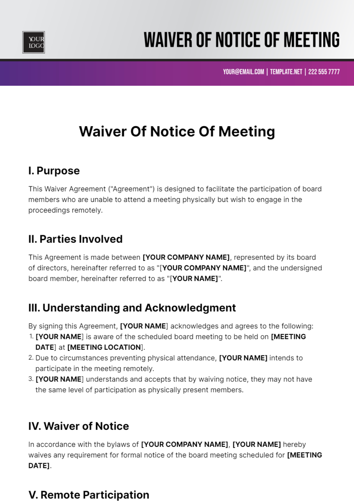 Free Waiver Of Notice Of Meeting Template
