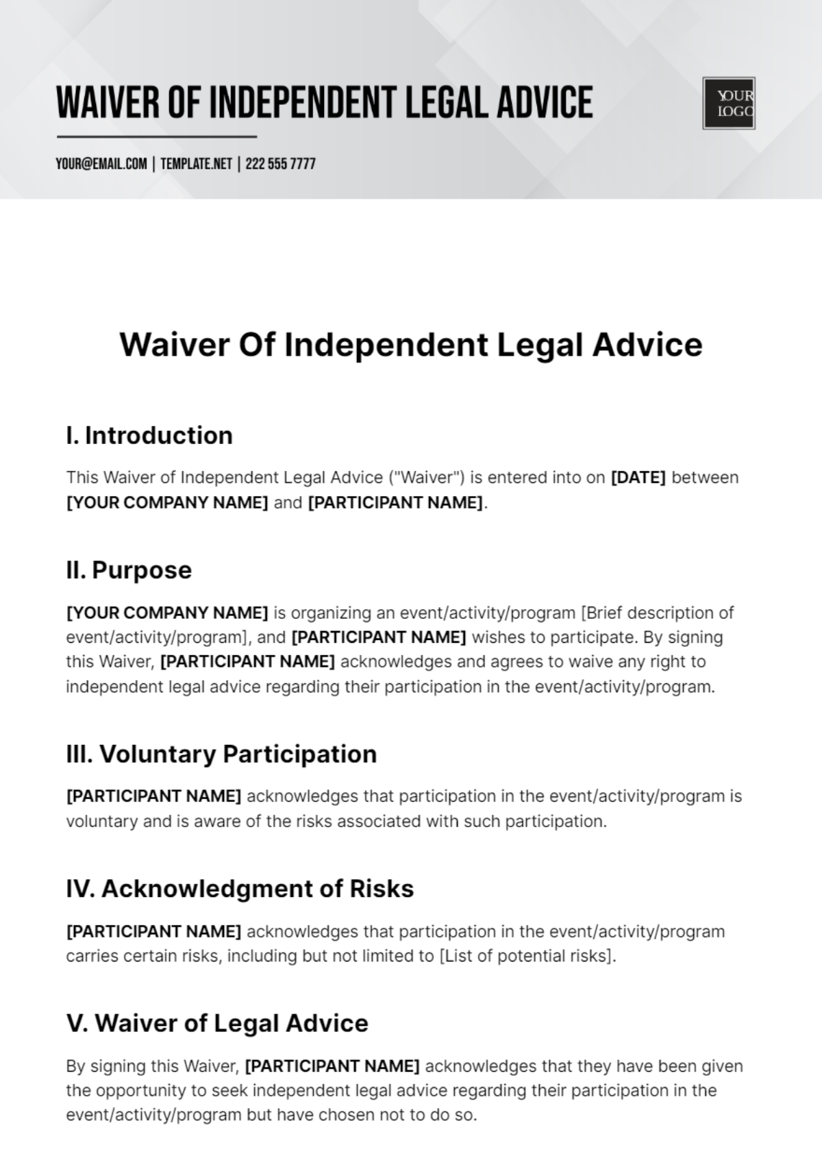 Waiver Of Independent Legal Advice Template