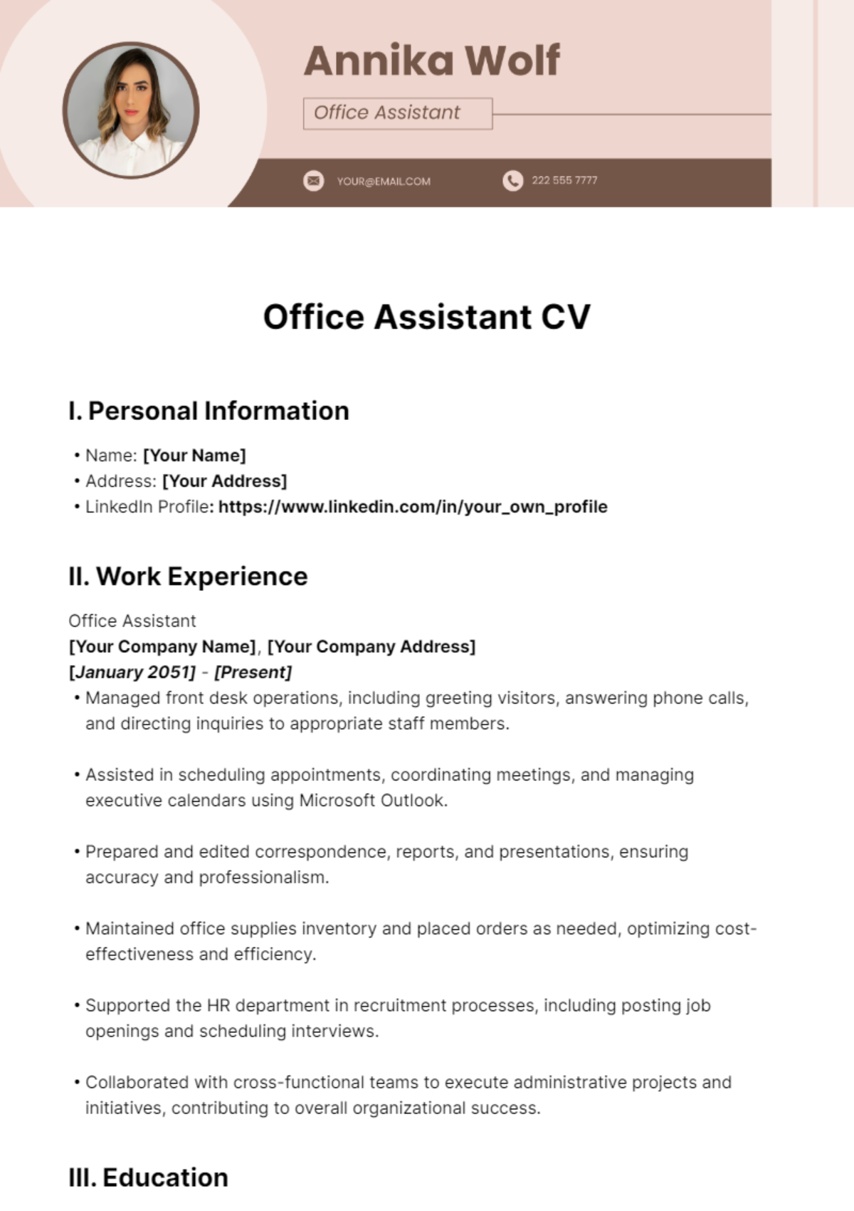 Office Assistant CV Template - Edit Online & Download