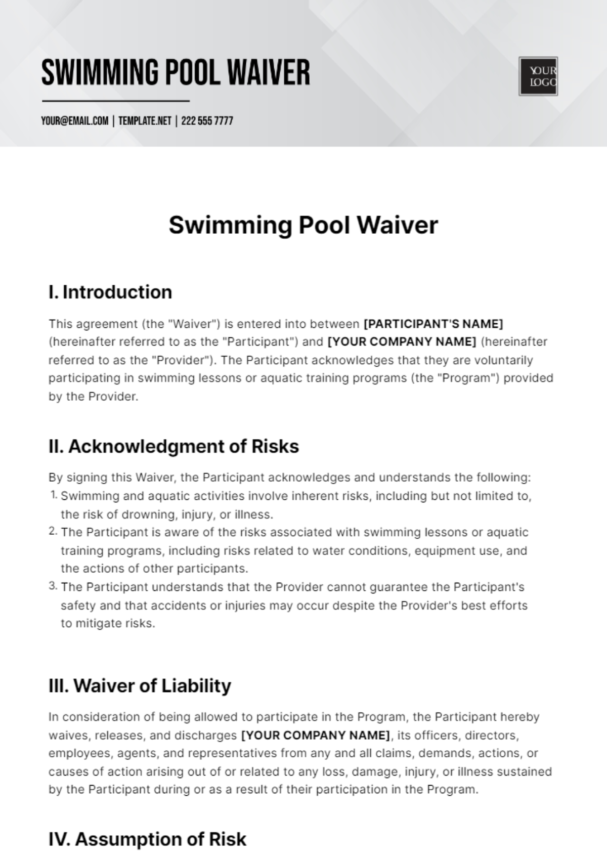 Free Swimming Pool Waiver Template
