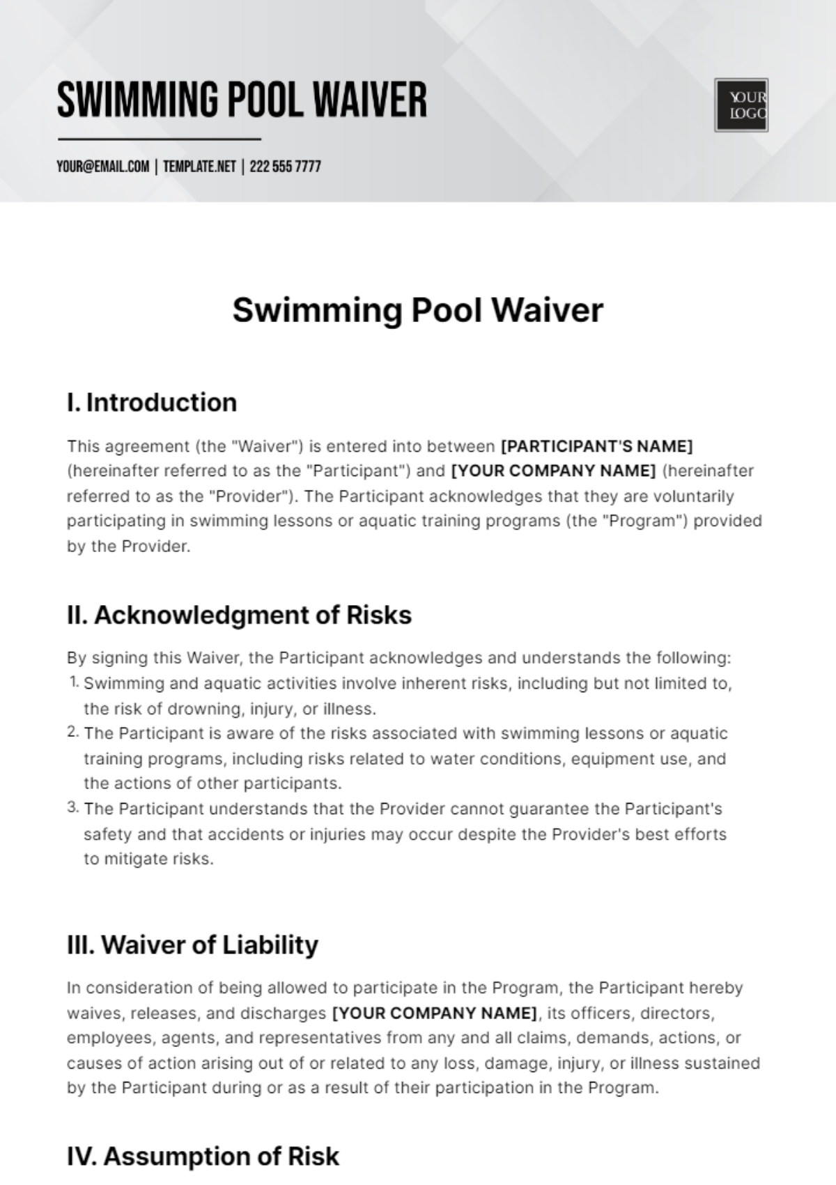 Swimming Pool Waiver Template - Edit Online & Download