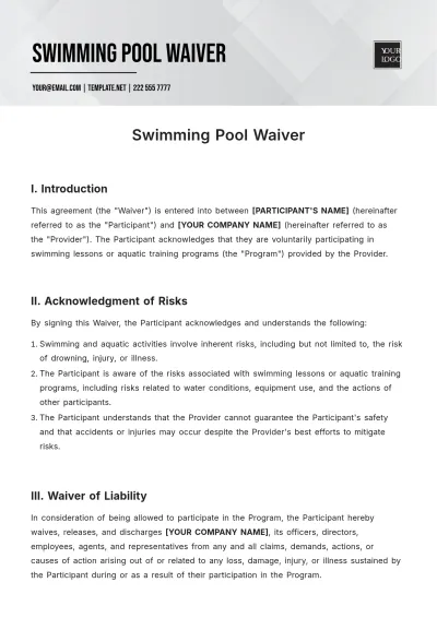 Free Swimming Pool Waiver Template to Edit Online