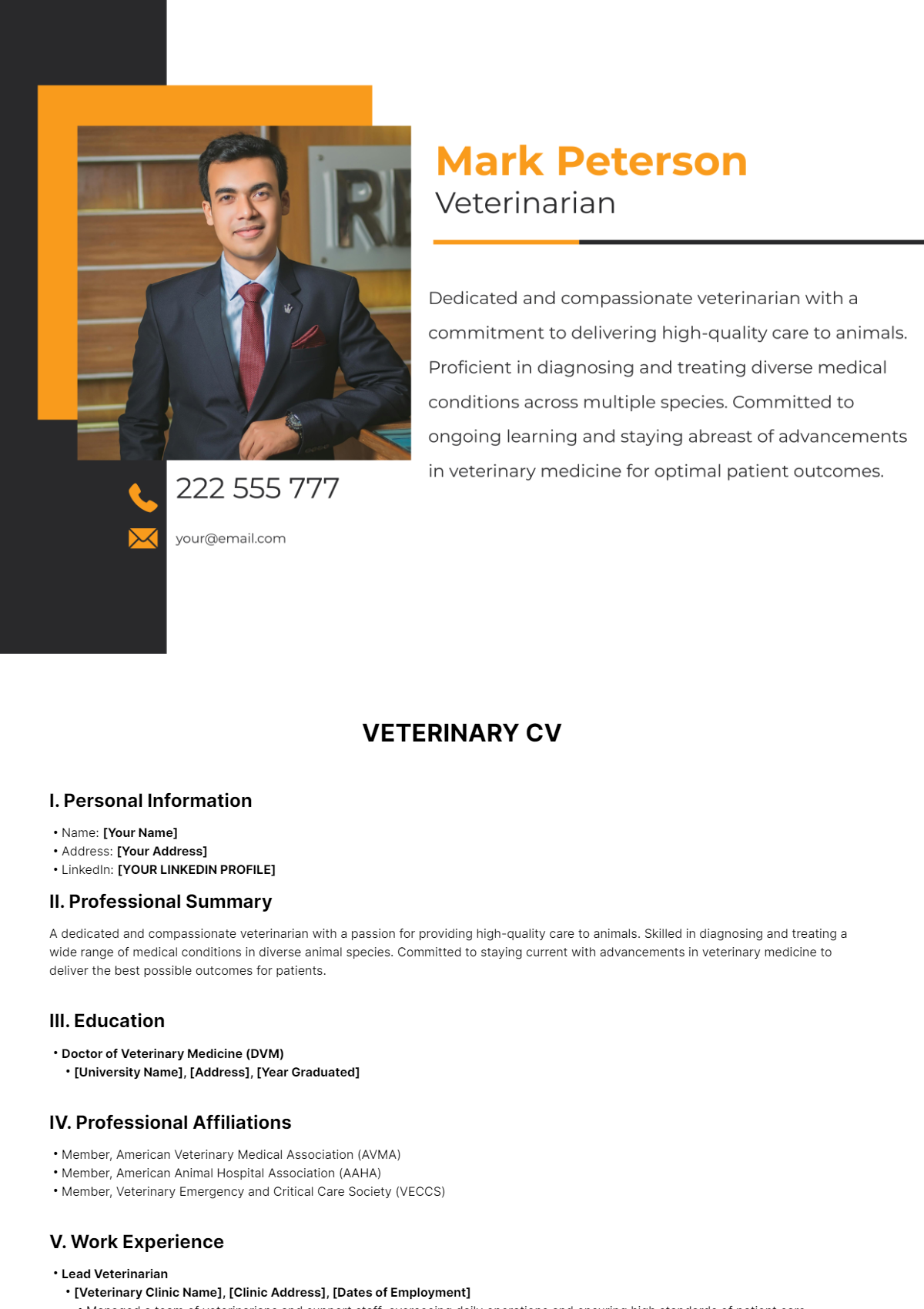 Veterinary CV Template - Edit Online & Download