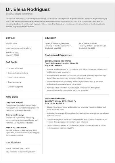 Free Veterinary ATS CV Template, AI CV Builder