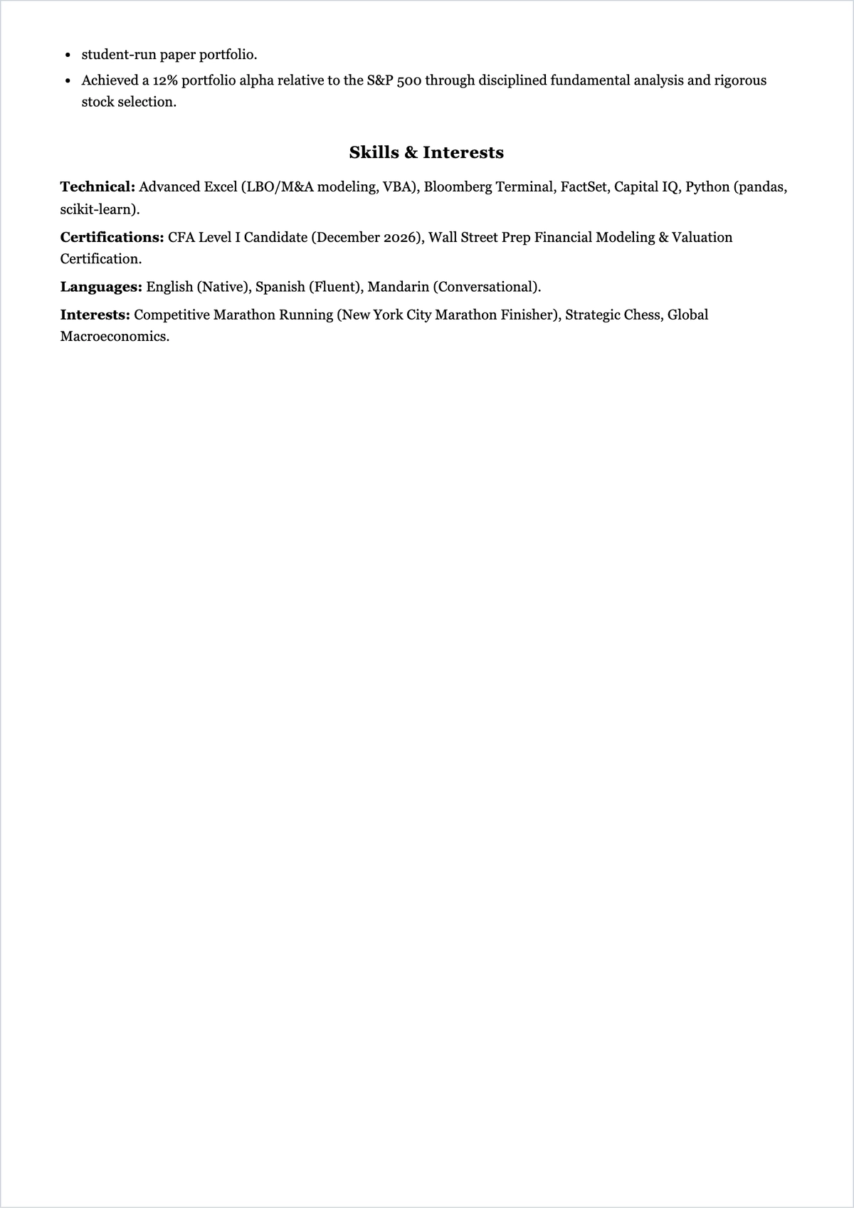 Free Investment Banking Graduate ATS CV Template, AI CV Builder