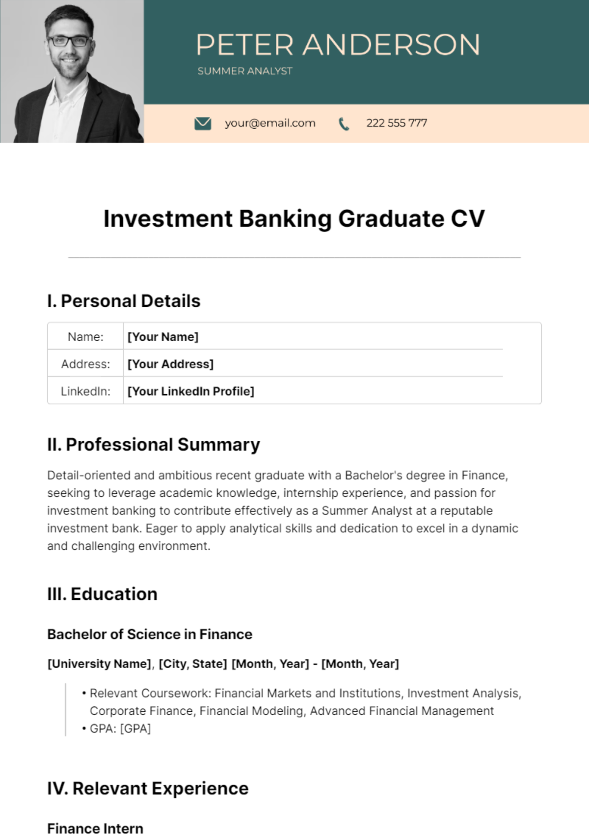 Investment Banking Graduate CV Template