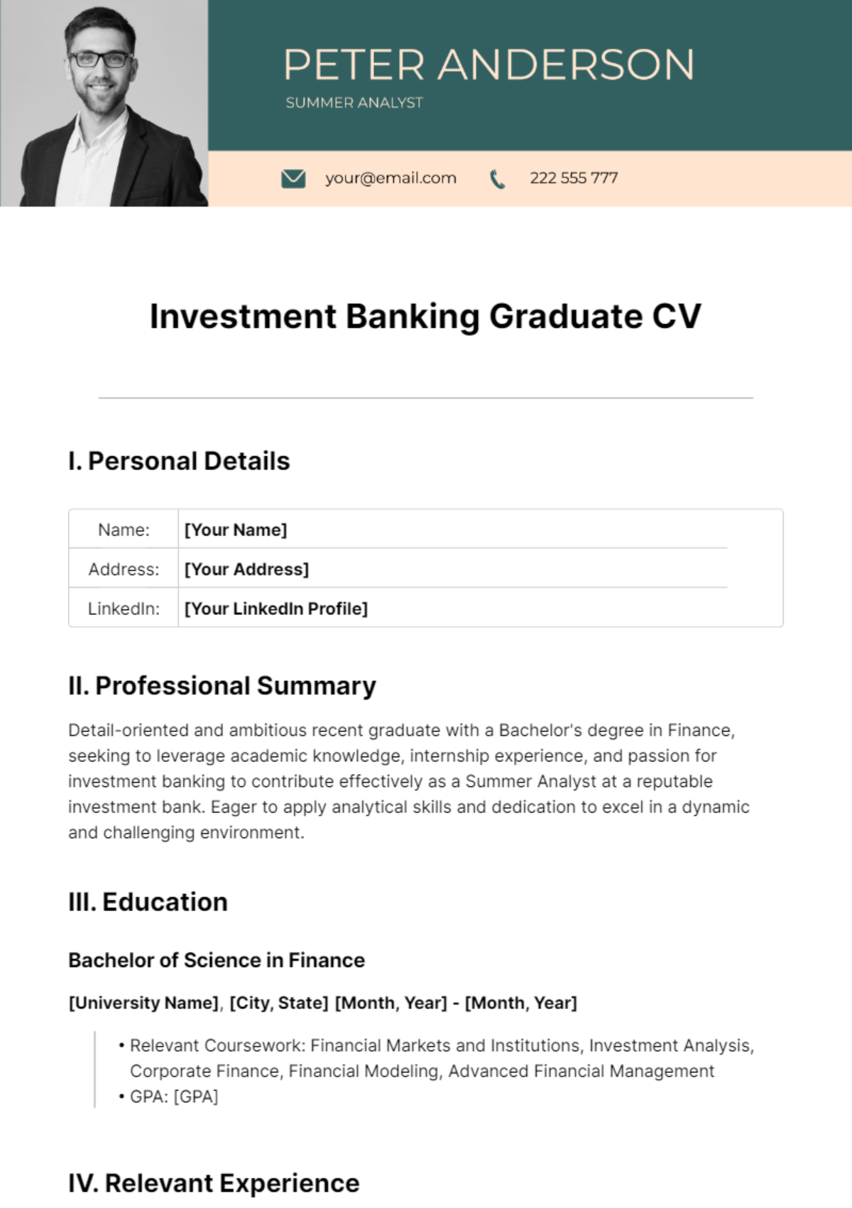 Free Investment Banking Graduate CV Template