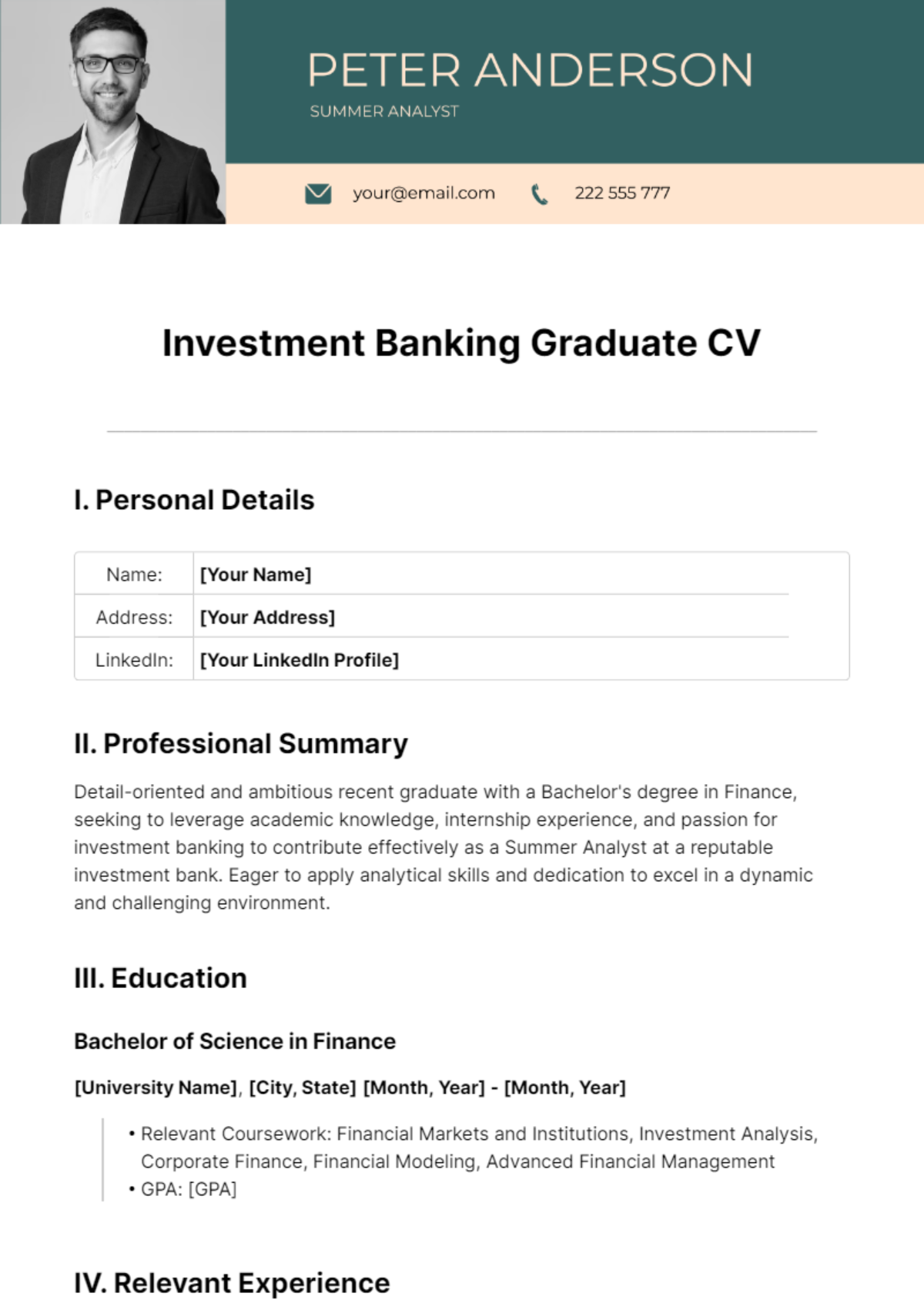 Investment Banking Graduate CV Template - Edit Online & Download