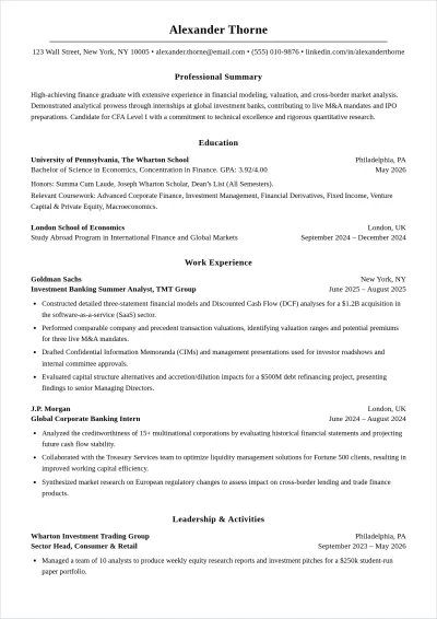 Free Investment Banking Graduate ATS CV Template, AI CV Builder