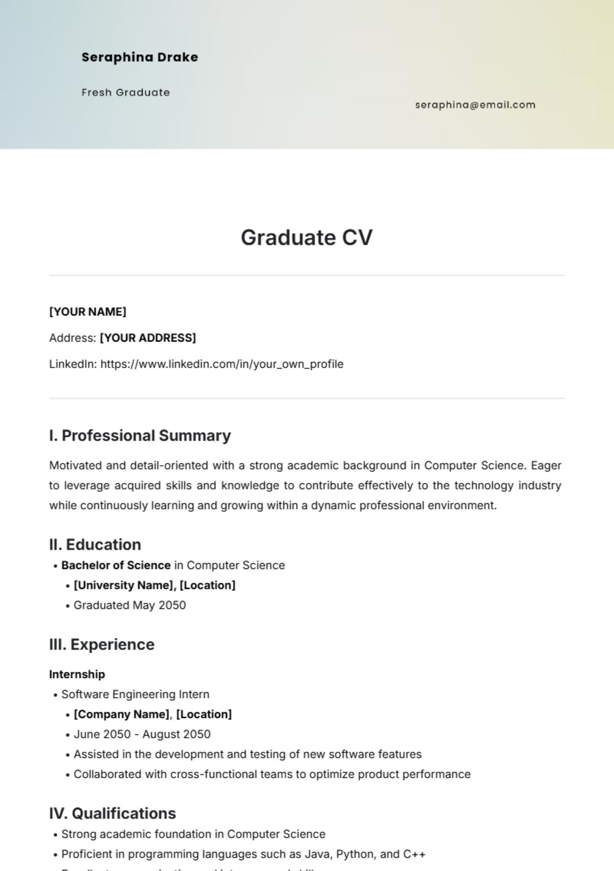 Graduate CV Template - Edit Online & Download