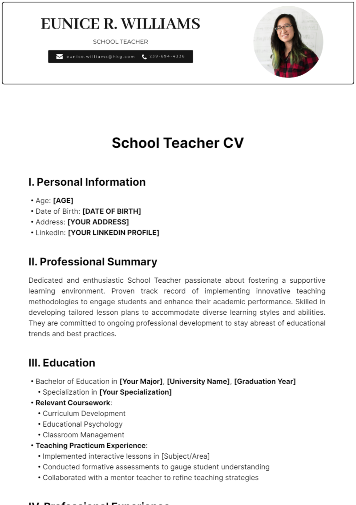 School Teacher CV Template - Edit Online & Download